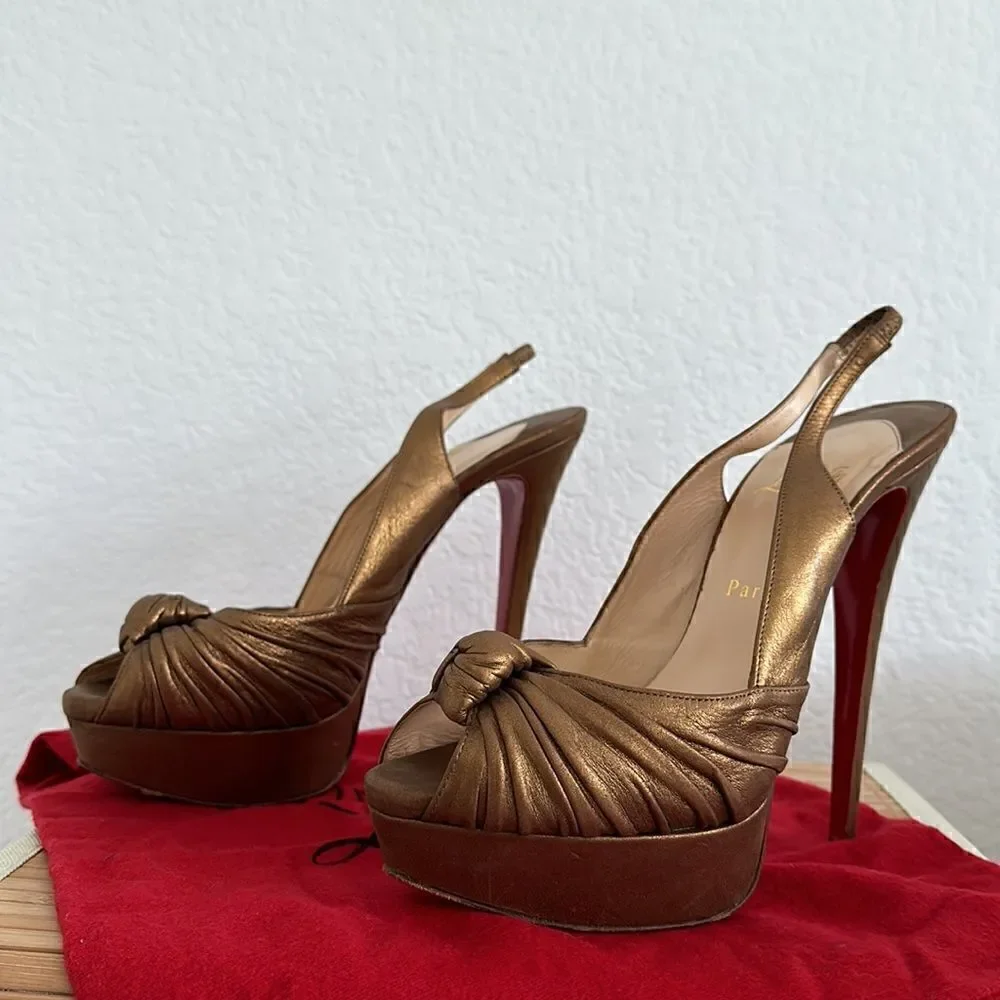 Christian Louboutin Peep Toe Golden Glam Bronze Leather Red Bottom Heels 40.5